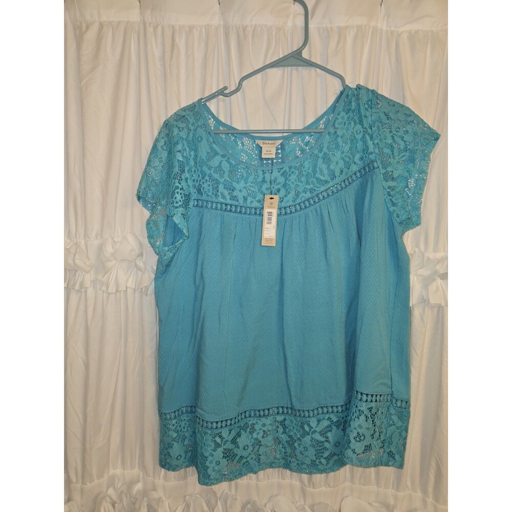 Ariat Turquoise Boho Lace Detail Short Sleeve Split Back Medium Women
